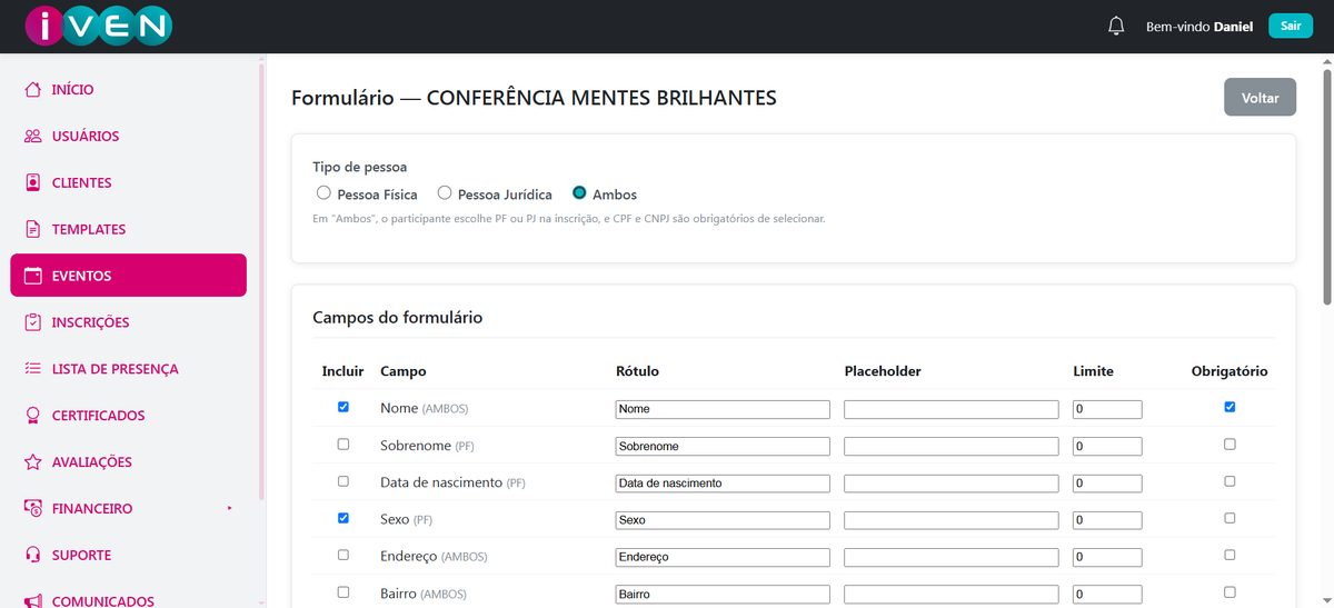 Tela de criação do formulário de inscrição do IVEN